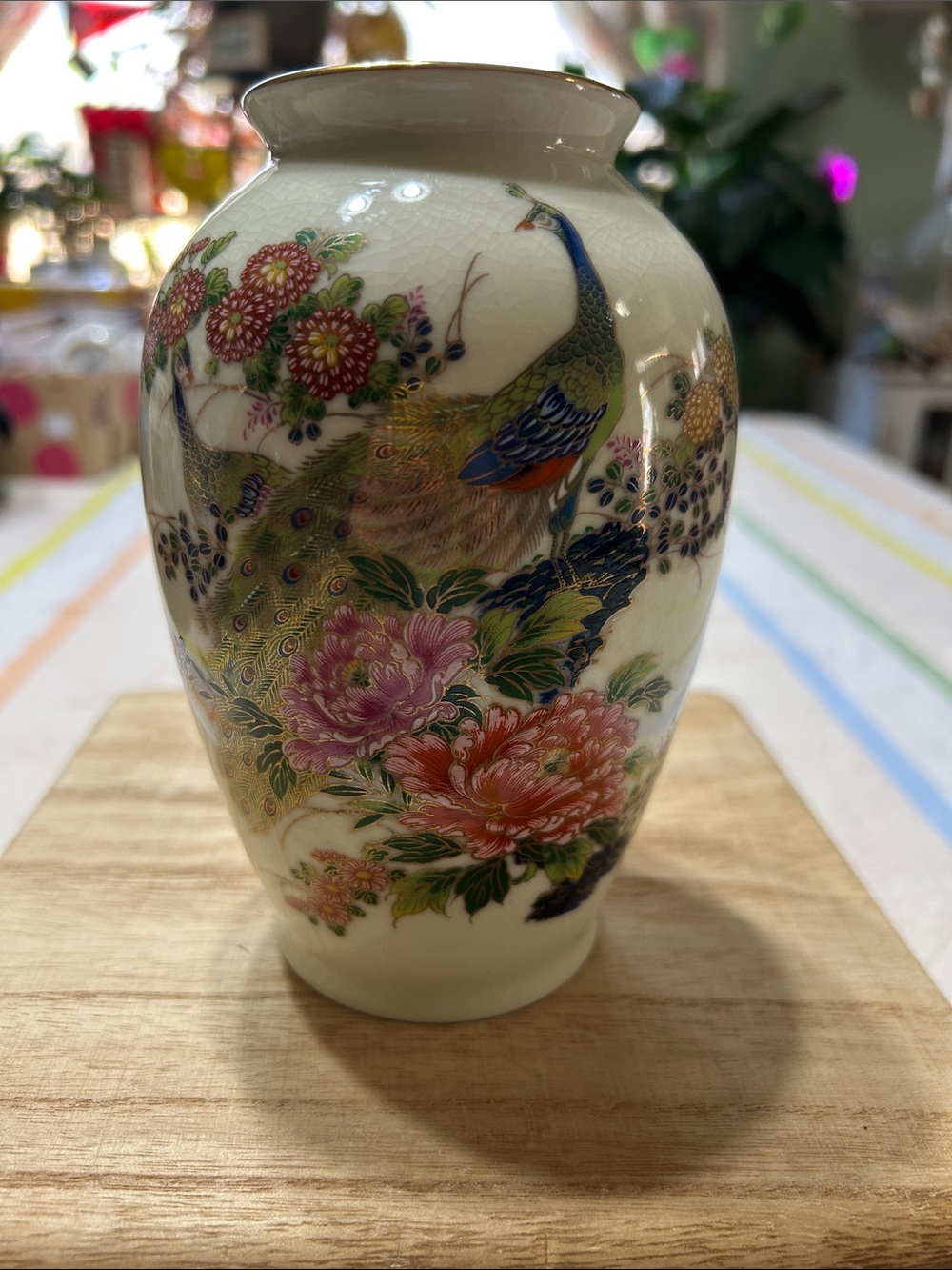 Vintage Japanese Satsuma-Style Cream-Colored Porcelain Vase w/a Colorful Peacock